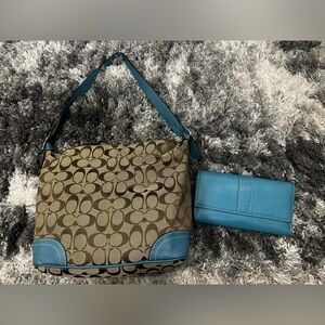 Coach beige and blue shoulder bag and matching 2 piece wallet